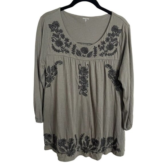 Garnet Hill Olive Green Embroidered Floral 3/4 Sleeve Tunic Top Size M - Picture 1 of 7